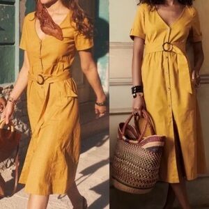 Sezane Marianne Mustard Belted Midi Dress.